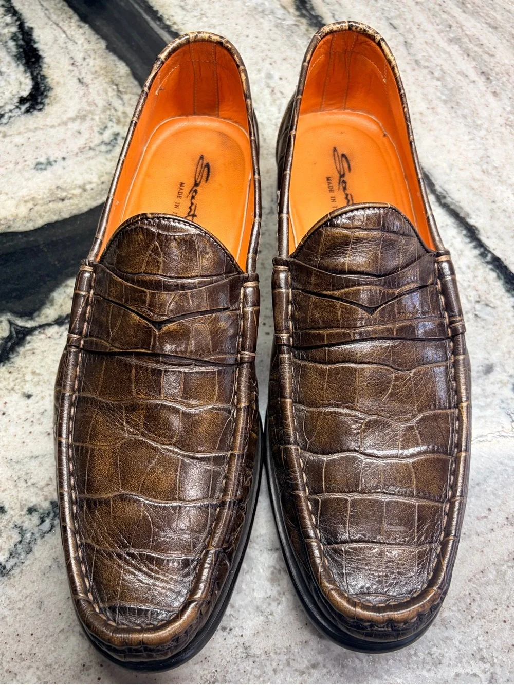 Santoni Croc Embossed Penny Loafers Brown Leather US 10 UK 9.5 Italy